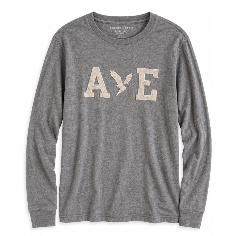 American Eagle Men Gray Long Sleeve Graphic Tee Eagle Varsity Crewneck Shirt M